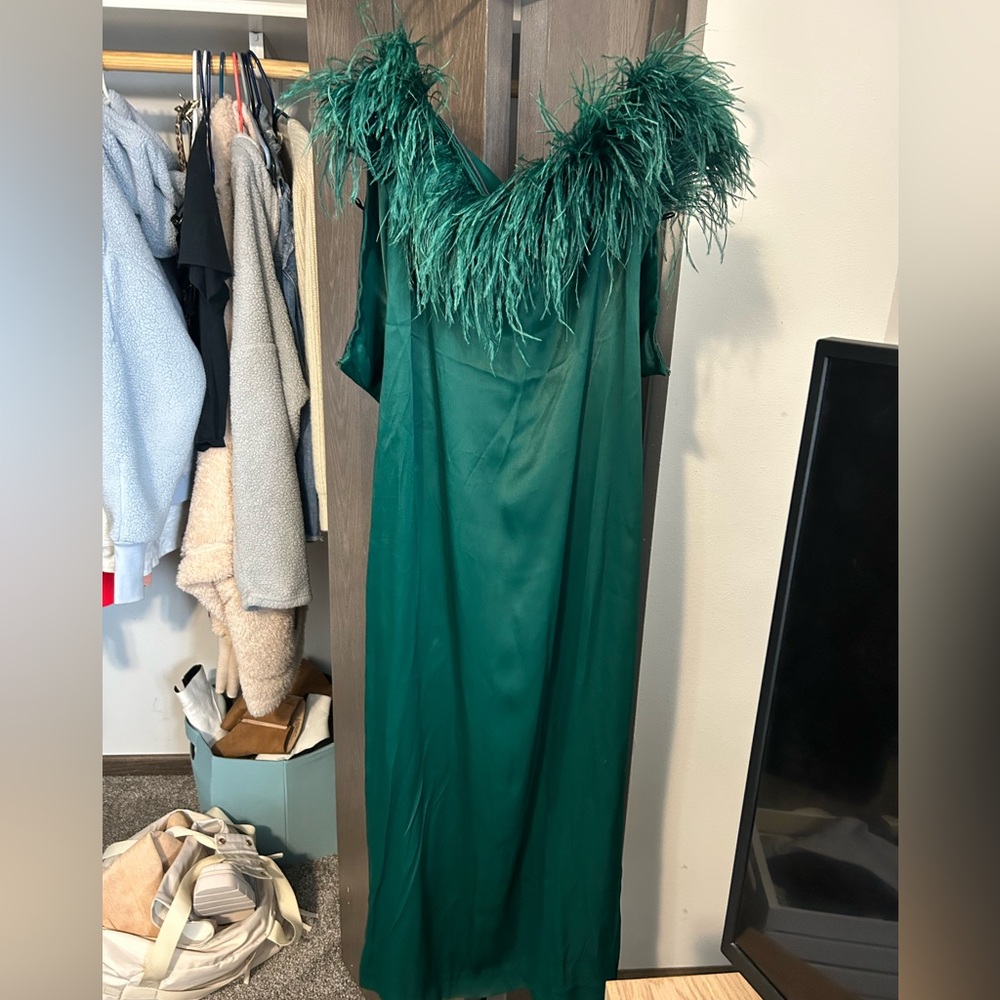 Zara feathered green dress. Never worn but did take the tags off